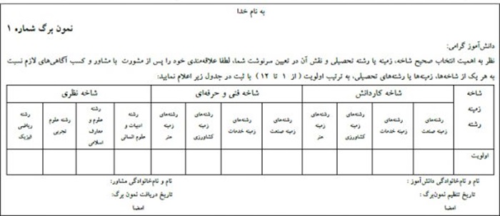 فرم انتخاب رشته نهم به دهم